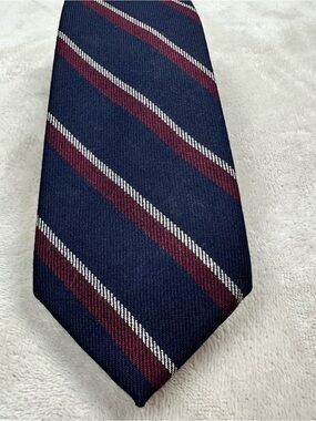 Vintage Calvin Klein Lambswool Tie Navy Burgundy Stripe Scottish Wool